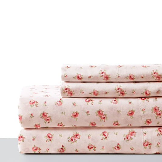 Melun 3 Piece Twin Size Sheet Set with Rose sketch By Casagear Home, Pink