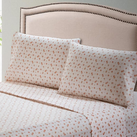 Melun 4 Piece Full Size Sheet Set with Rose Sketch By Casagear Home, Pink and White
