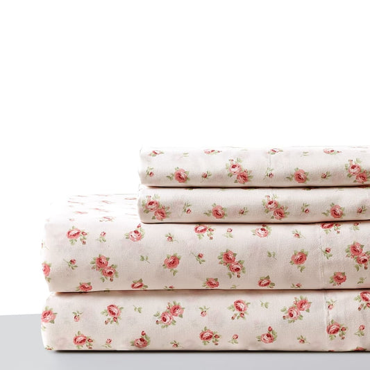 Melun 4 Piece Queen Size Rose Pattern Sheet Set By Casagear Home, Pink and White