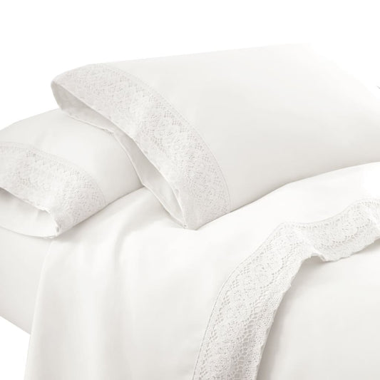 Udine 3 Piece Twin Size Sheet Set with Crochet Lace By Casagear Home, White