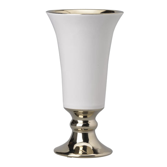 Ceramic Vase with Flared Top and Pedestal Base, Large, White and Gold - BM202241 By Casagear Home