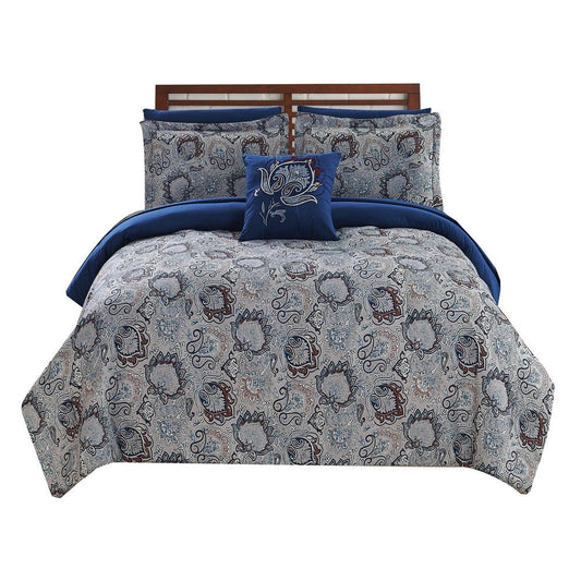 Caen 8 Piece Full Size Printed Reversible Comforter Set, Gray and Blue By Casagear Home