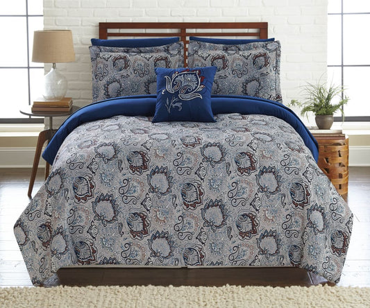 Caen 8 Piece Printed Queen Reversible Comforter Set By Casagear Home, Gray and Blue