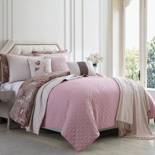 Andria 10 Piece Queen Size Comforter and Coverlet Set, Brown and Pink By Casagear Home