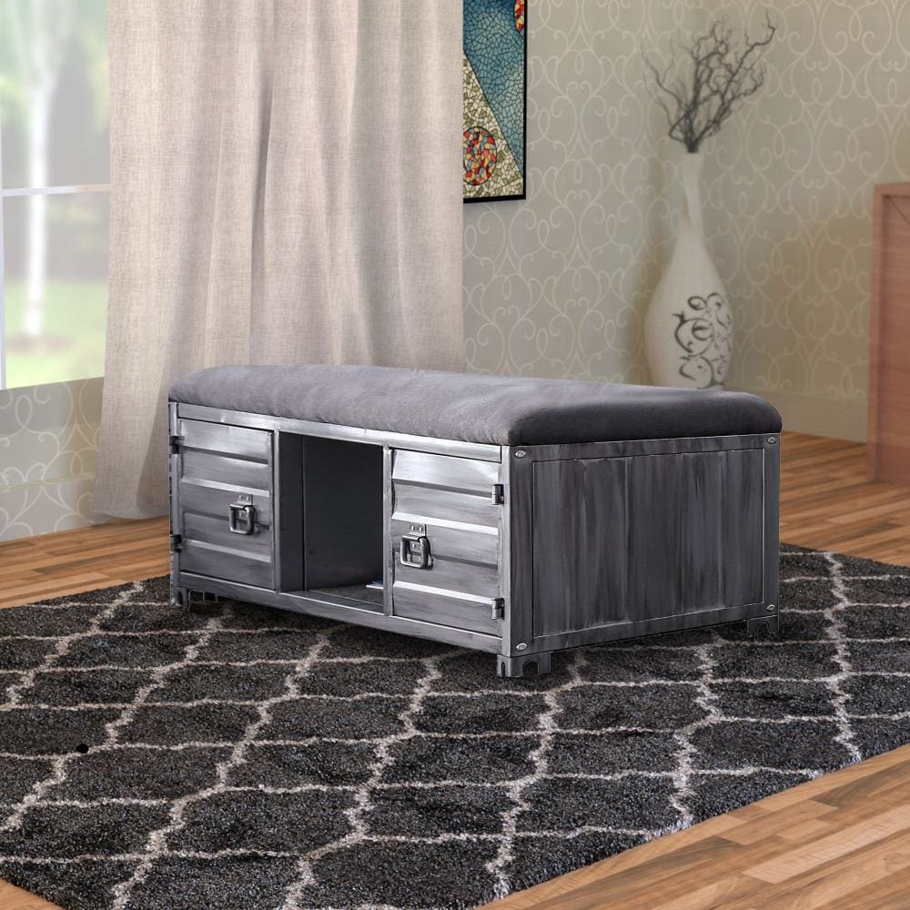 Industrial Cushioned Metal Bench with 2 Cabinets and Open Shelf, Gray - BM203280 By Casagear Home