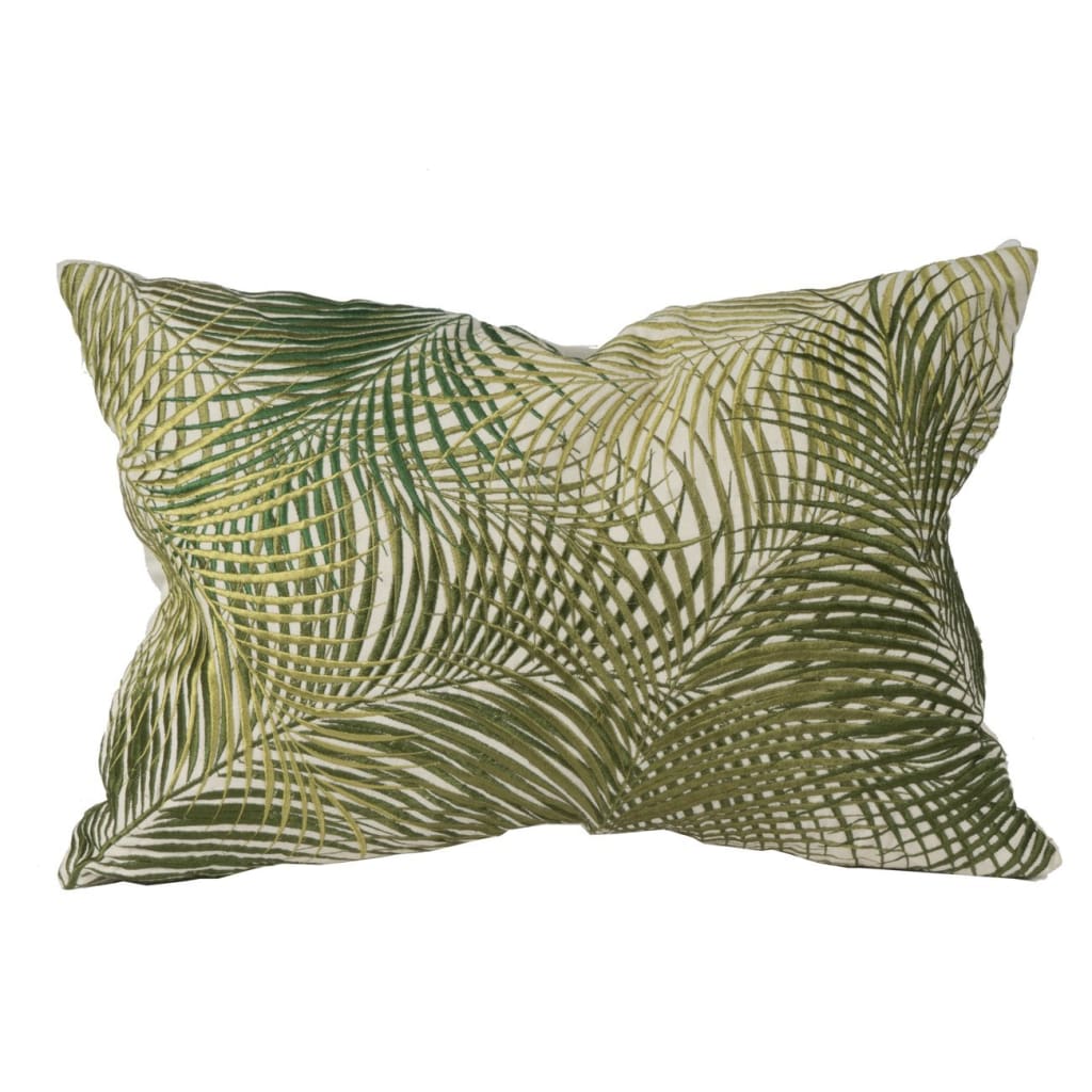20 X 14 Inch Embroidered Pillow with Palm Leaf Design, White and Green - BM203504 By Casagear Home