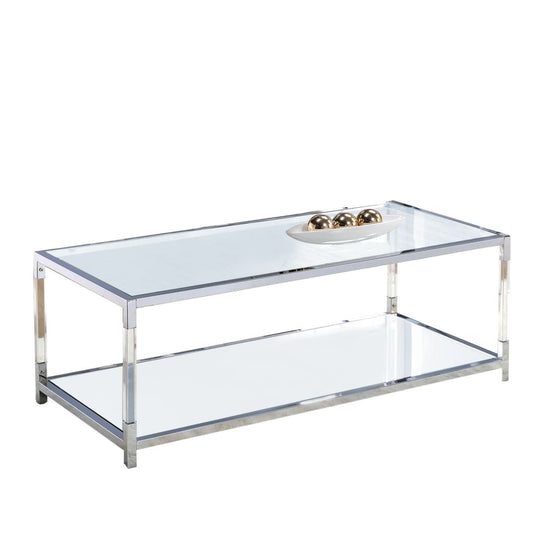Glass Top Metal Coffee Table with Open Bottom Shelf, Silver and Clear - BM203952 By Casagear Home