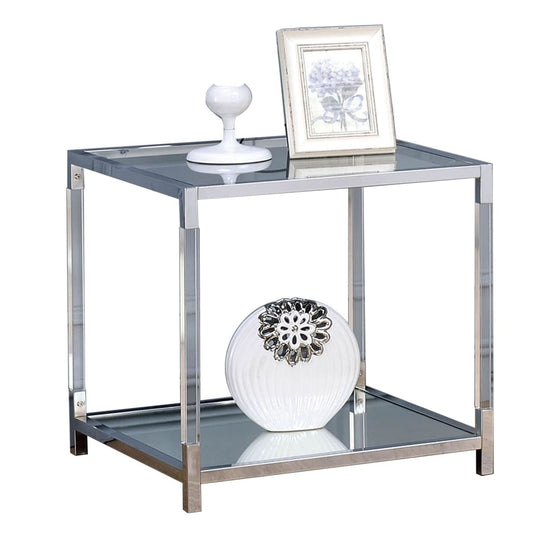 Glass Top Metal End Table with Open Bottom Shelf, Silver and Clear - BM203953 By Casagear Home