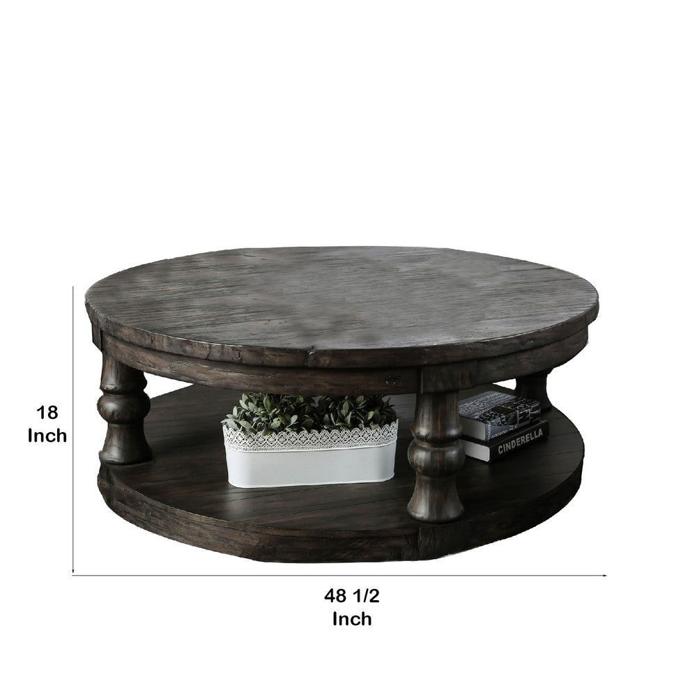 Round Wooden Coffee Table with Open Bottom Shelf Dark Brown By Casagear Home BM203956