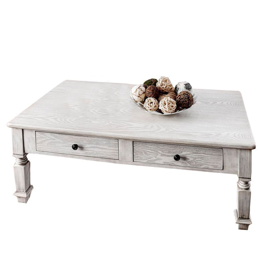 Transitional Wooden Coffee Table With Turned Legs and 2 Drawers, White - BM204002 By Casagear Home
