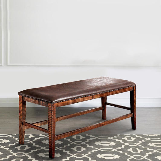 Wood and Faux leather Counter Height Bench with Nailhead Trims, Brown - BM204005 By Casagear Home