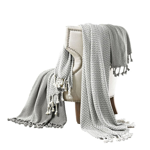 Calabria Throw | Herringbone Cotton | Set of 2 | Gray & White