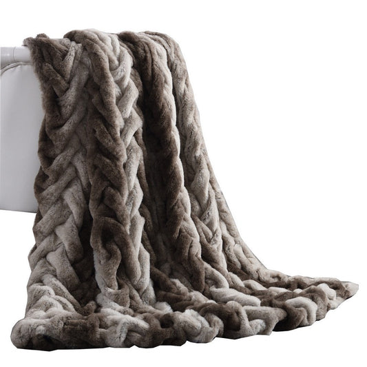 Eus Faux Fur Braided Reverse Flannel Throw The Urban Port, Brown and Gray By Casagear Home