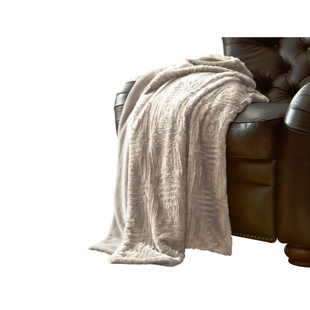 60 Inch Throw Blanket, Faux Fur, Fretted Design, Machine Washable, Cream By Casagear Home