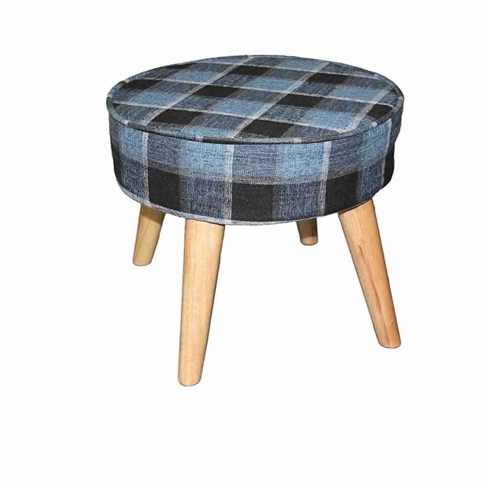 Fabric Upholstered Wooden Footstool with Dowel Legs, Blue and Brown by Casagear Home