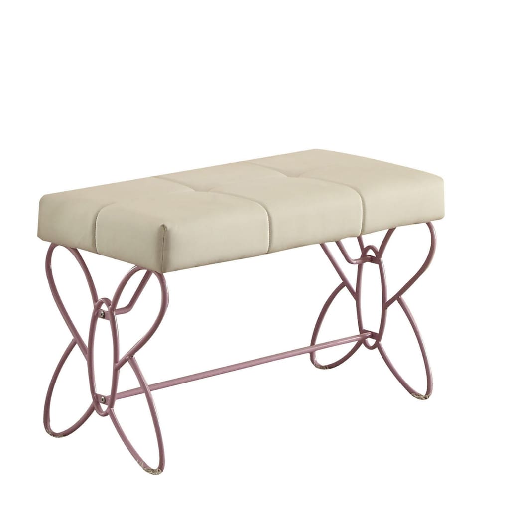 Metal Armless Bench with Butterfly Design, White and Purple - BM204310 By Casagear Home