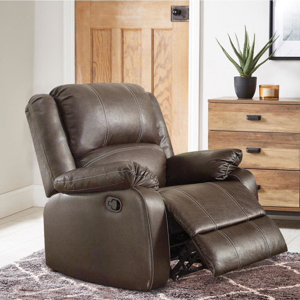 Leather Upholstered Metal Rocker Reclining Chair, Brown - BM204345 By Casagear Home
