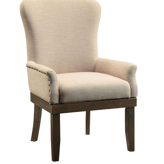 Armchair | Wood | Wing Back | Nailhead Trim | Beige & Brown