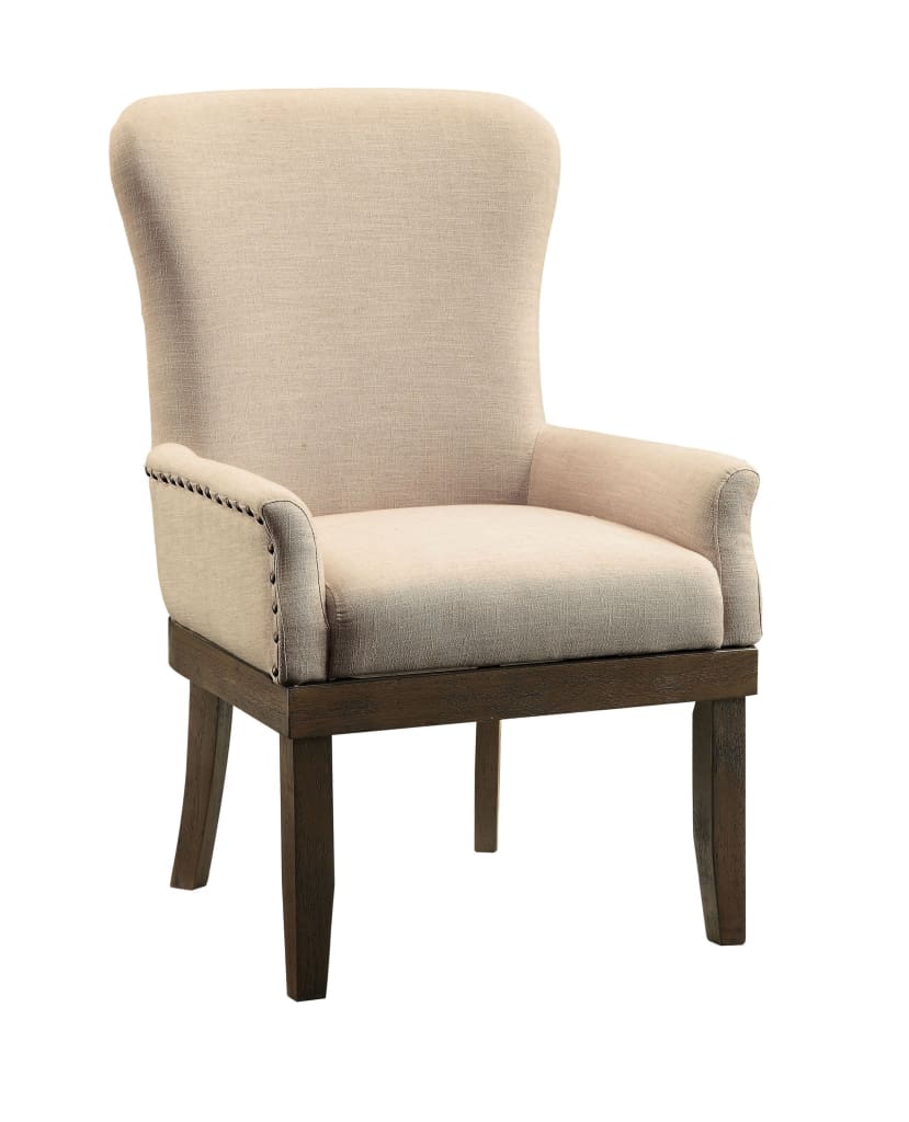 Armchair | Wood | Wing Back | Nailhead Trim | Beige & Brown