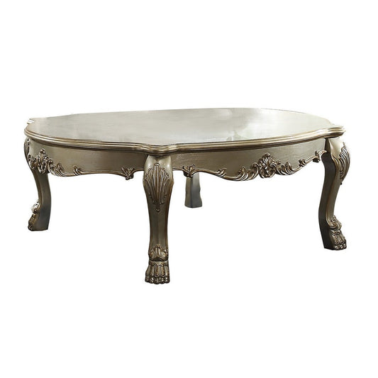 Handcrafted Wooden Coffee Table with Engravings,Antique White and Gold By Casagear Home