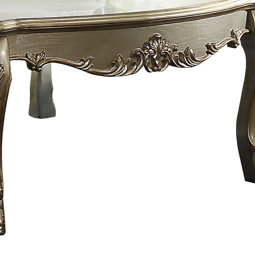Handcrafted Wooden Coffee Table with Engravings,Antique White and Gold By Casagear Home BM204465