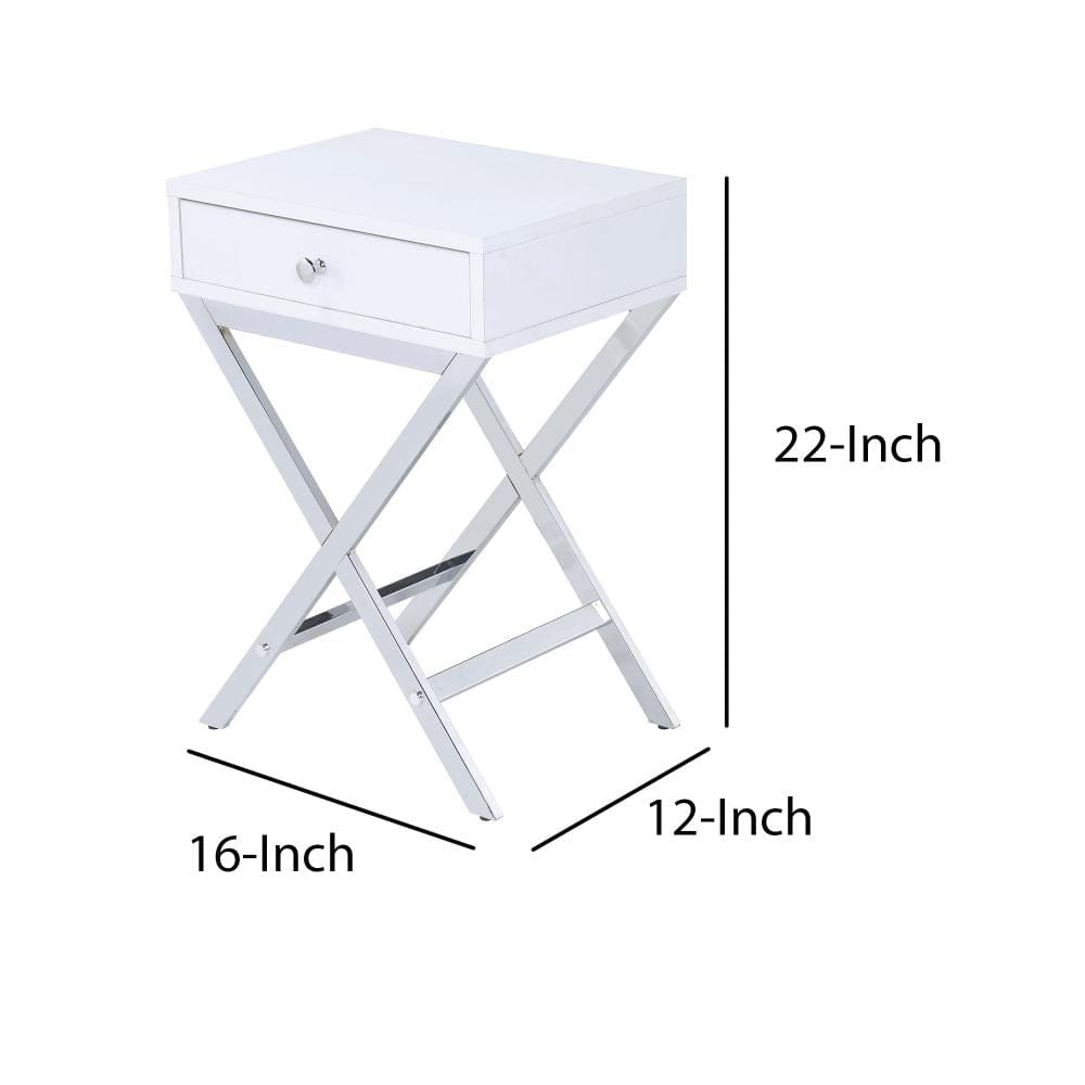 Wood and Metal Side Table with Crossed Base White and Silver - BM204493 By Casagear Home BM204493