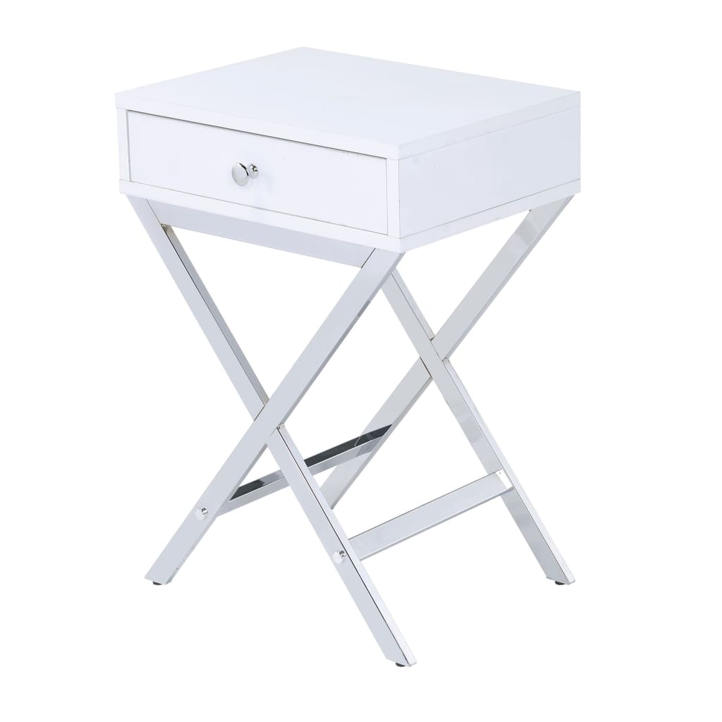 Wood and Metal Side Table with Crossed Base, White and Silver - BM204493 By Casagear Home