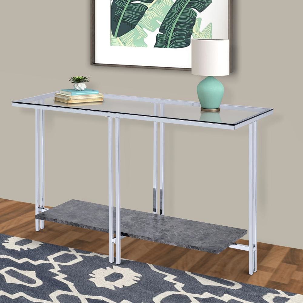 Glass Top Metal Sofa Table with Marble Bottom shelf, Silver and Clear - BM204499 By Casagear Home