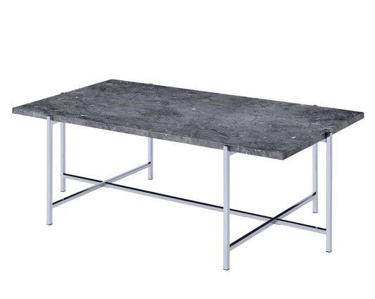Marble Top Coffee Table with Trestle Base , Gray and Silver - BM204500 By Casagear Home