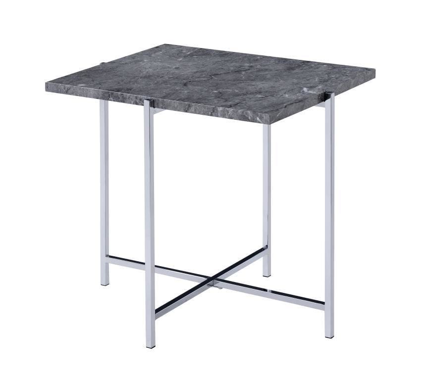Contemporary Marble Top End Table with Trestle Base , Gray and Silver - BM204501 By Casagear Home