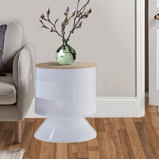 1 Drawer Pyramidal Base Circular Wooden Night Table, White and Brown - BM204600 By Casagear Home