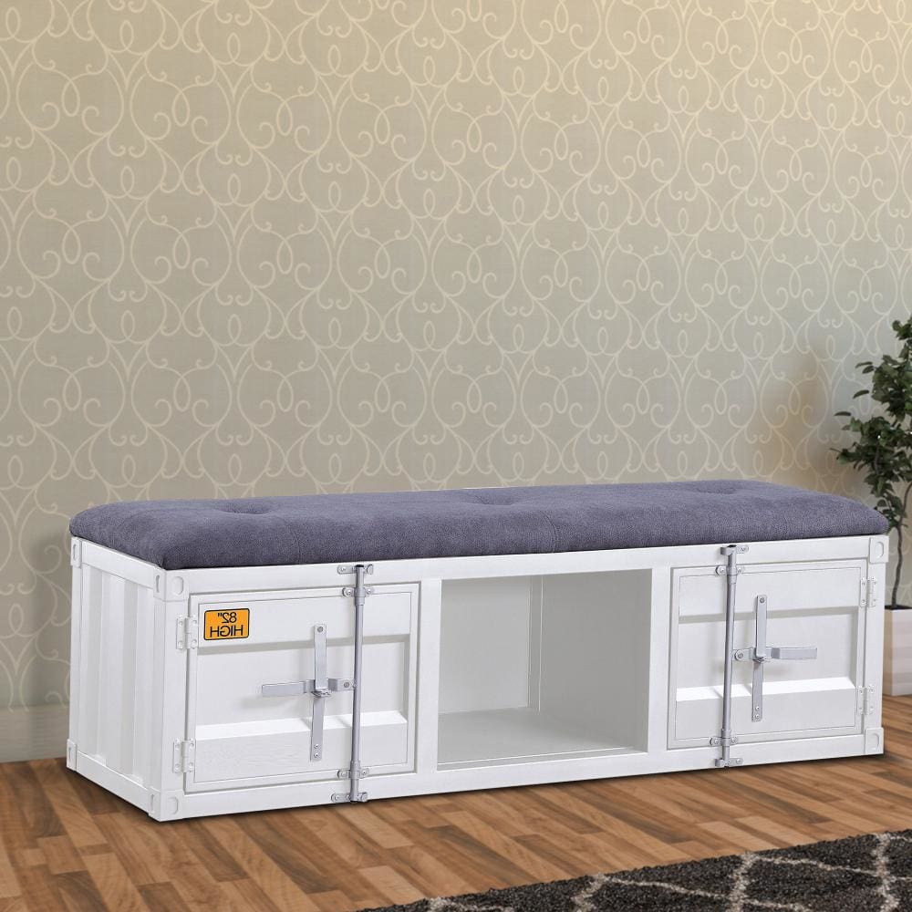 Metal Bench with Open Storage and Tufted Fabric Seat, White and Gray - BM204611 By Casagear Home