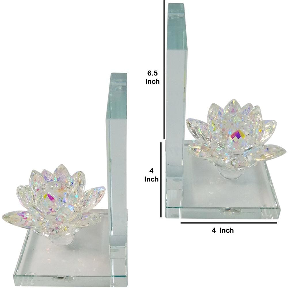 Glass Made Lotus Statuette Bookend Pair of 2 Clear - BM205105 By Casagear Home BM205105