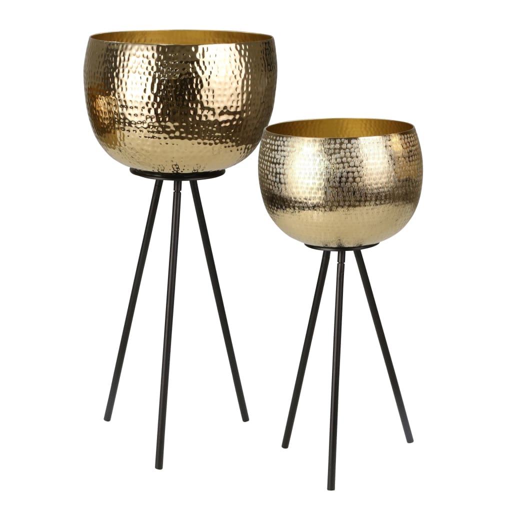 Planters | Hammered Metal Bowl | Tripod Base | Set of 2 | Gold & Black