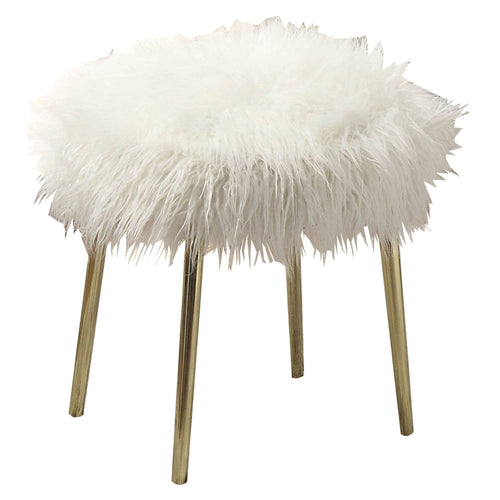 Ottoman | Faux Fur Upholstered | Metal Frame | White & Gold