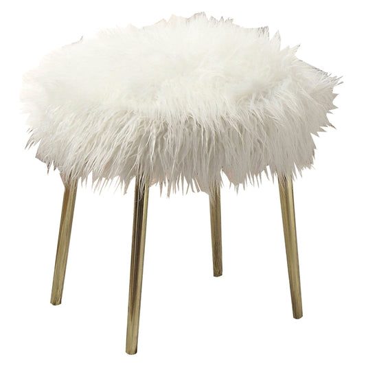 Ottoman | Faux Fur Upholstered | Metal Frame | White & Gold
