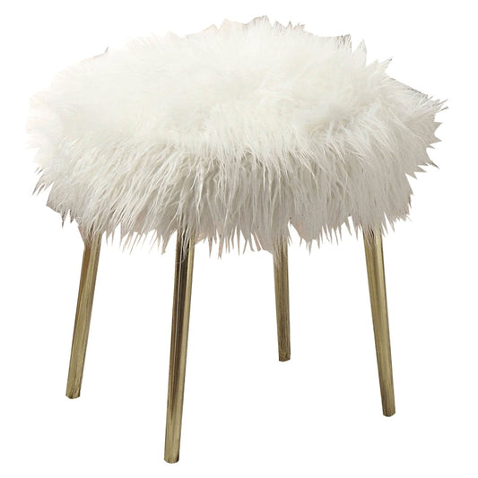 Faux Fur Upholstered Contemporary Metal Ottoman, White and Gold By Casagear Home
