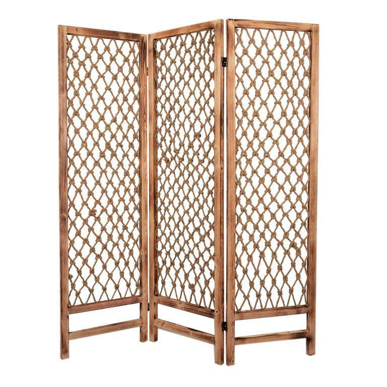 3 Panel Traditional Foldable Screen with Rope Knot Design, Brown - BM205389 By Casagear Home