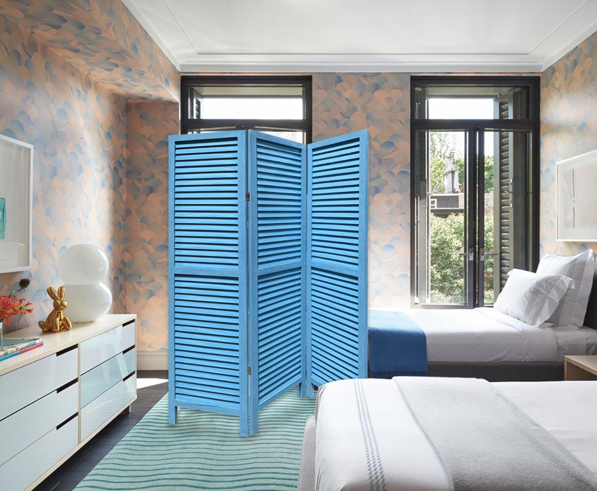 3 Panel Foldable Wooden Shutter Screen with Straight Legs, Blue - BM205393 By Casagear Home