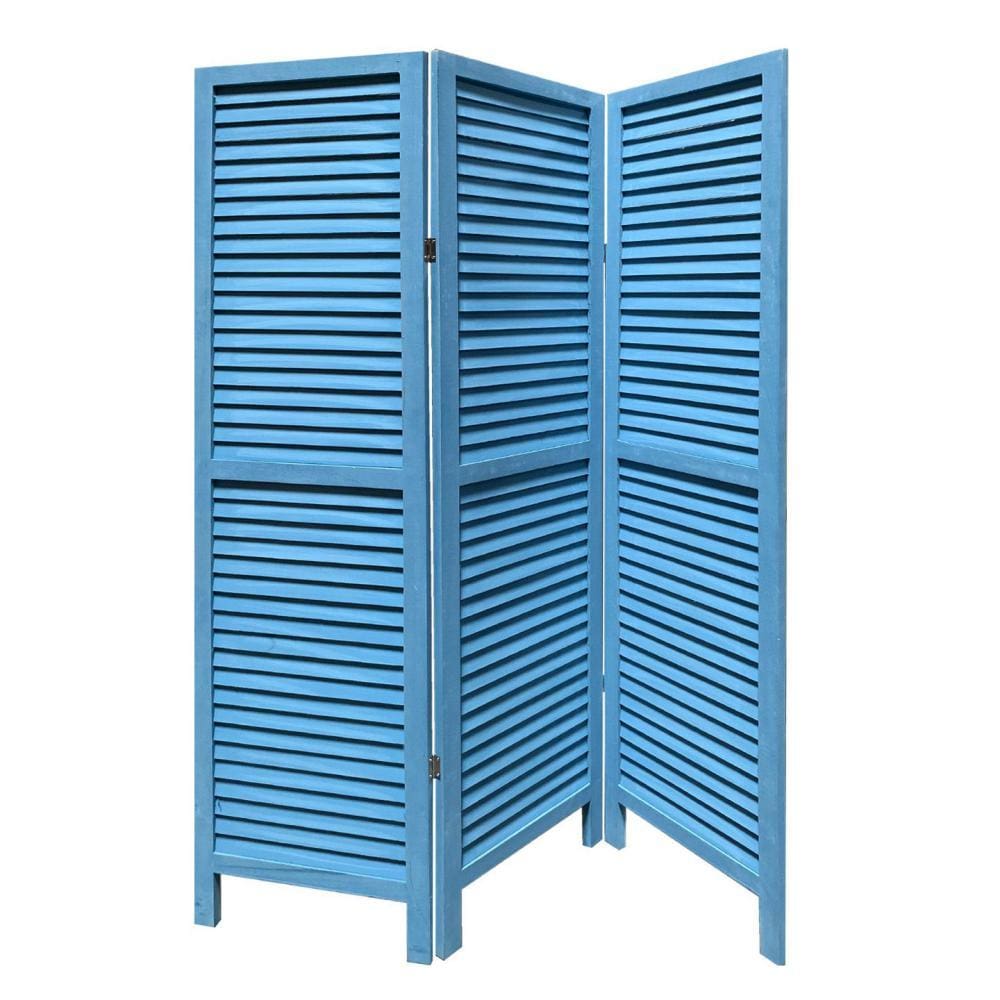 3 Panel Foldable Wooden Shutter Screen with Straight Legs Blue - BM205393 By Casagear Home BM205393