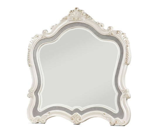 Traditional Mirror with Wooden Scrollwork Crown, White and Silver - BM205579 By Casagear Home