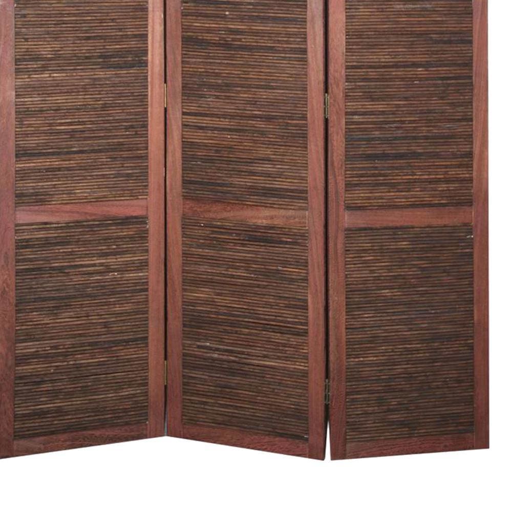 Wooden 3 Panel Room Divider with Horizontal Bamboo Stripes Dark Brown - BM205783 By Casagear Home BM205783