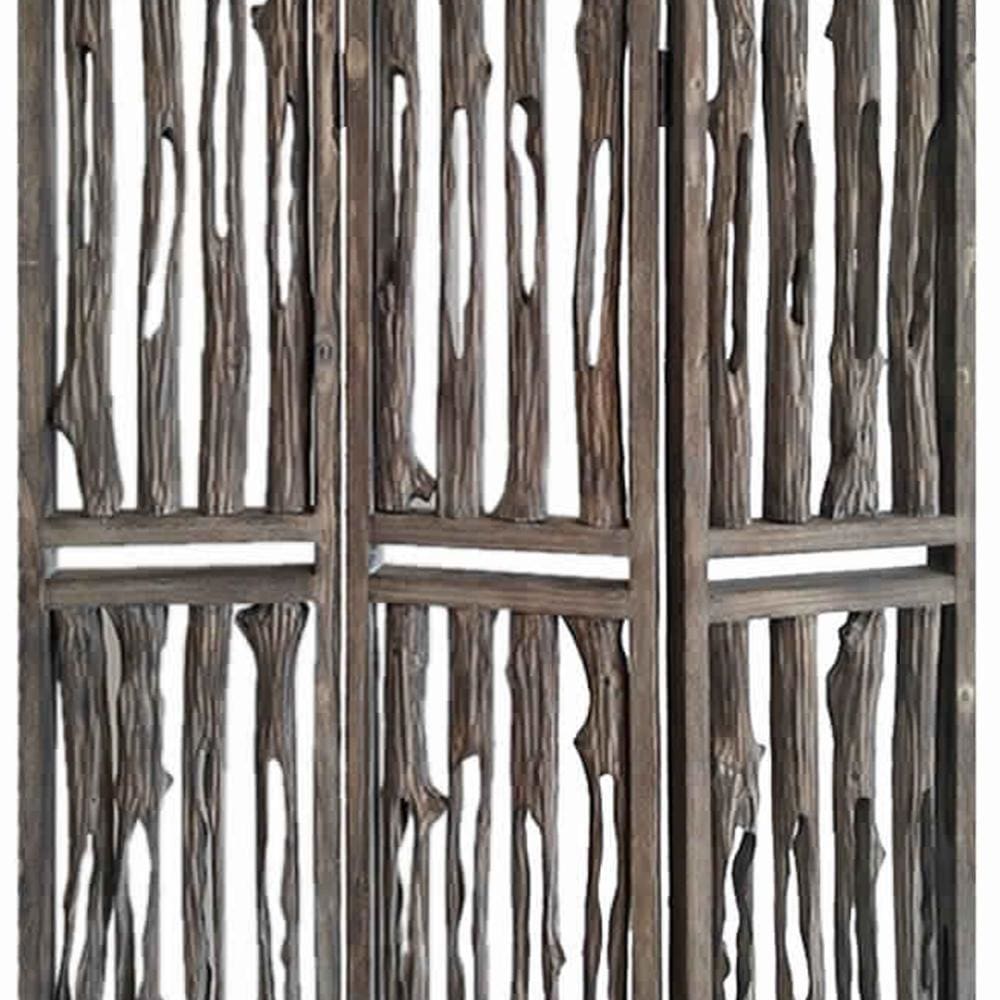 Contemporary 3 Panel Wooden Screen with Log Design Brown - BM205884 By Casagear Home BM205884