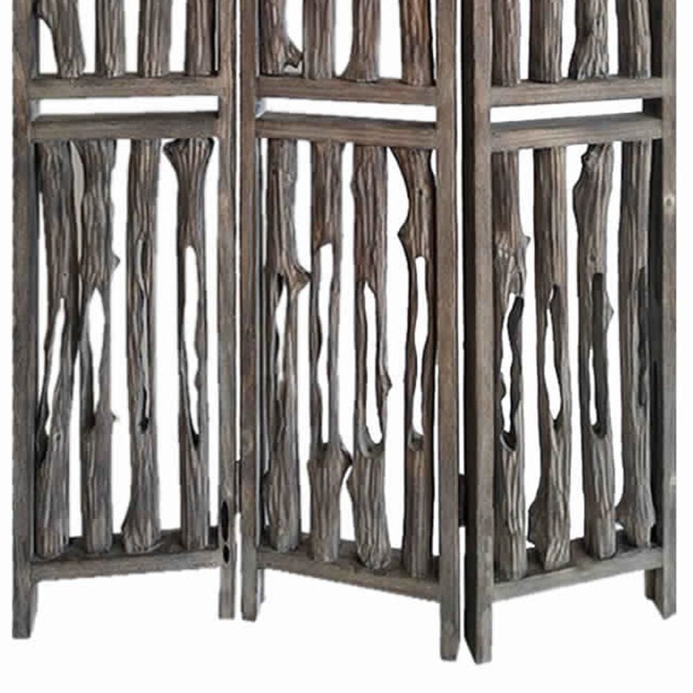 Contemporary 3 Panel Wooden Screen with Log Design Brown - BM205884 By Casagear Home BM205884