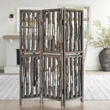 Room Divider | 3 Panel | Wood | Log Design | Brown