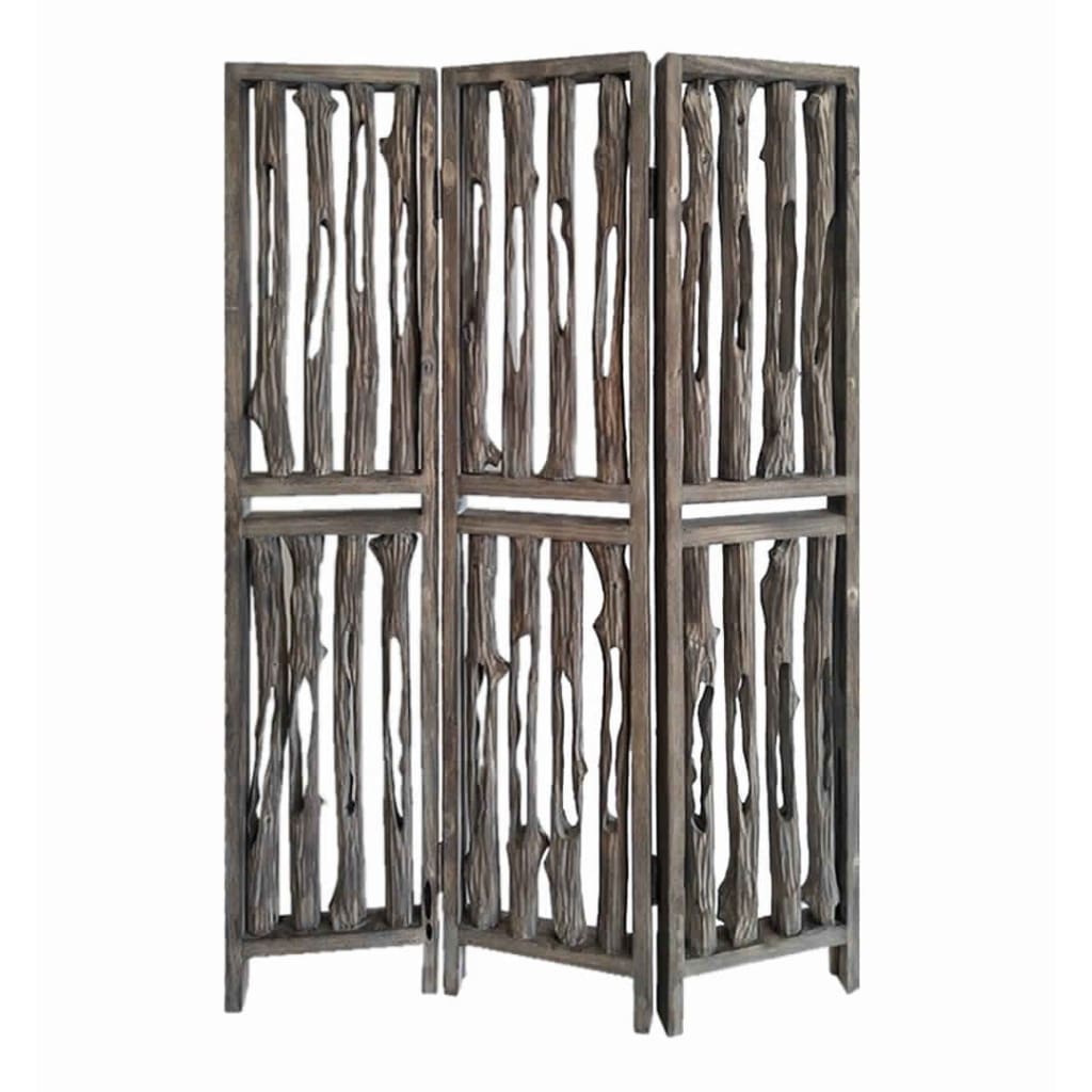 Contemporary 3 Panel Wooden Screen with Log Design, Brown - BM205884 By Casagear Home