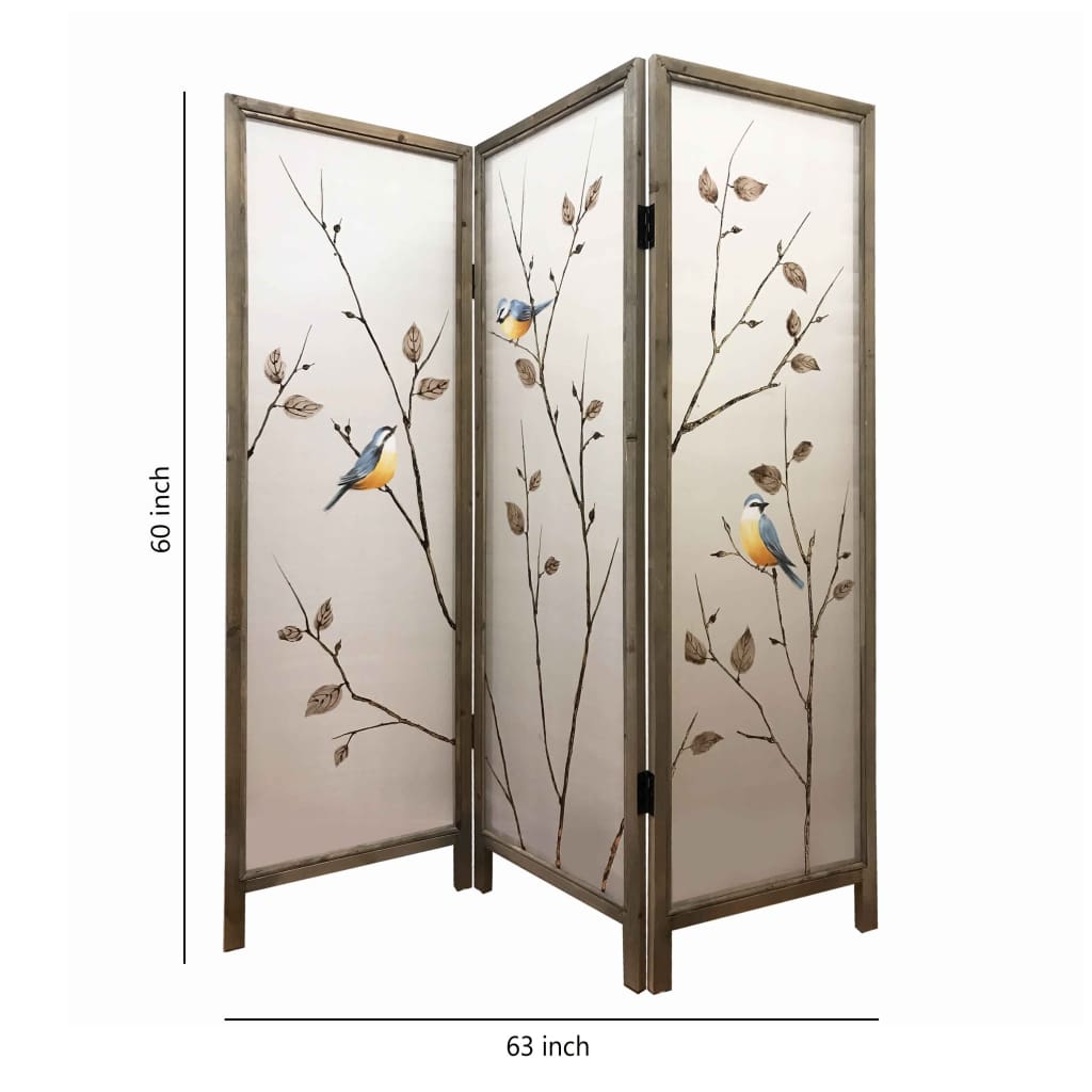 Art Styled 3 Panel Wooden Screen with Hand painted Fabric Design Beige - BM205893 By Casagear Home BM205893