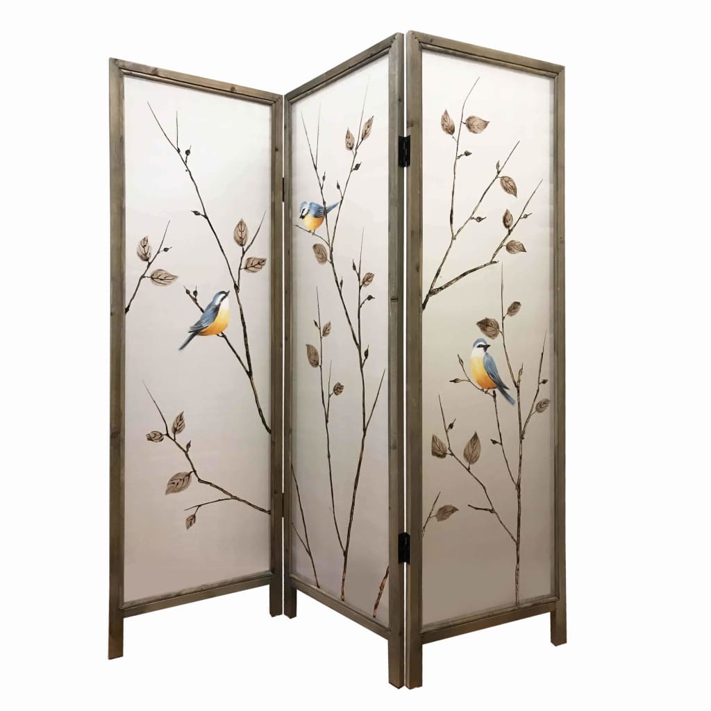 Art Styled 3 Panel Wooden Screen with Hand painted Fabric Design, Beige - BM205893 By Casagear Home