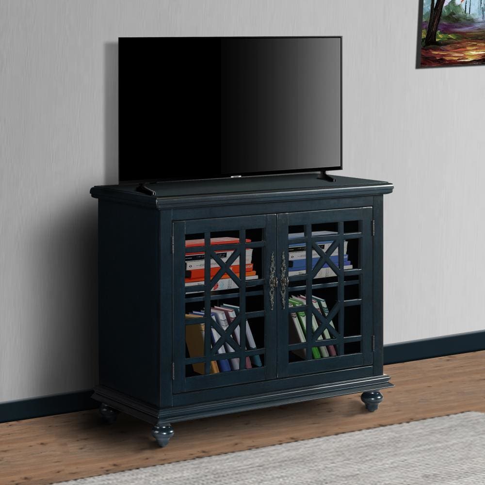 Transitional Wood and Glass TV Stand with Trellis Cabinet Front, Dark Blue - BM205972 By Casagear Home