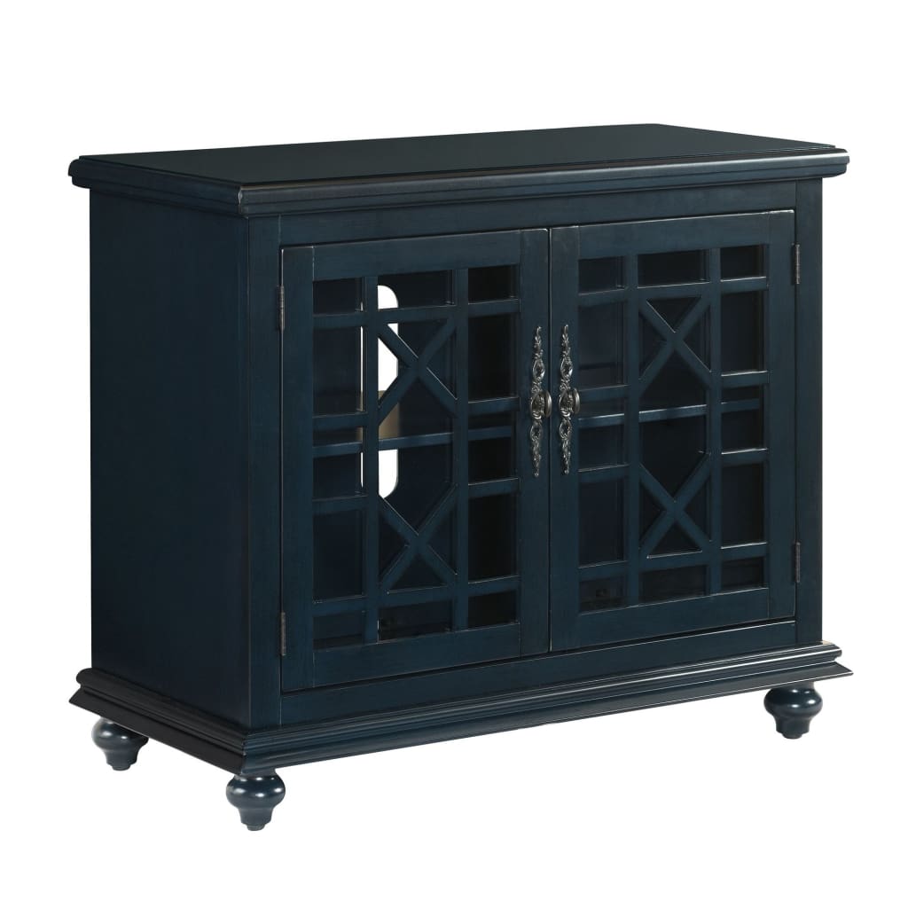 Transitional Wood and Glass TV Stand with Trellis Cabinet Front Dark Blue - BM205972 By Casagear Home BM205972